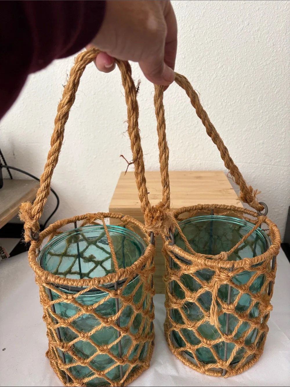 Home Essentials Aqua Glass Lanterns with Natural Jute Netting (2) Preowned